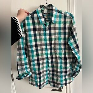 Express Men’s Teal and Navy Plaid Button-Down Shirt